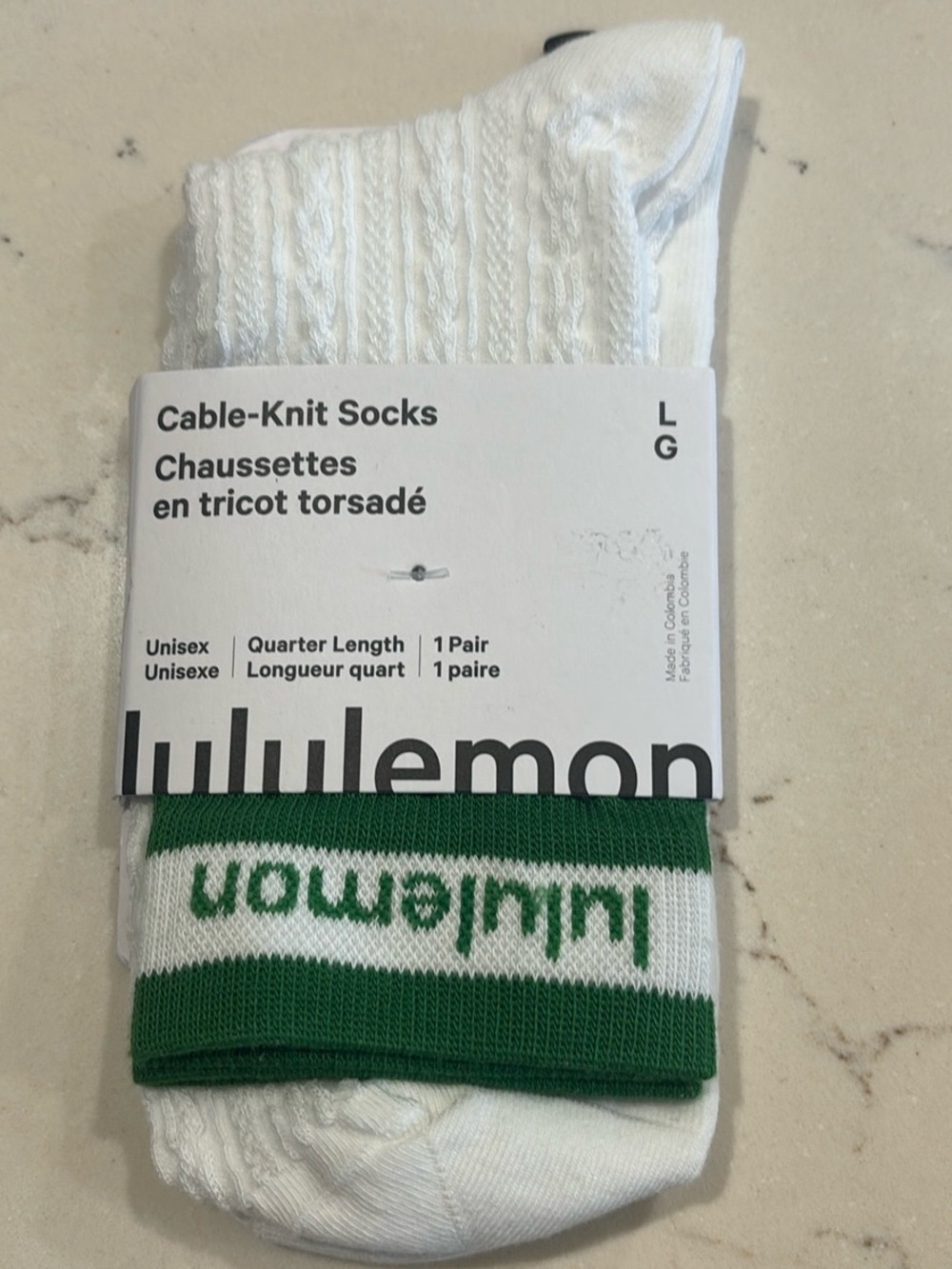 lululemon athletica Cable-Knit Quarter Socks - White w: Green Logo Band Lg NWT